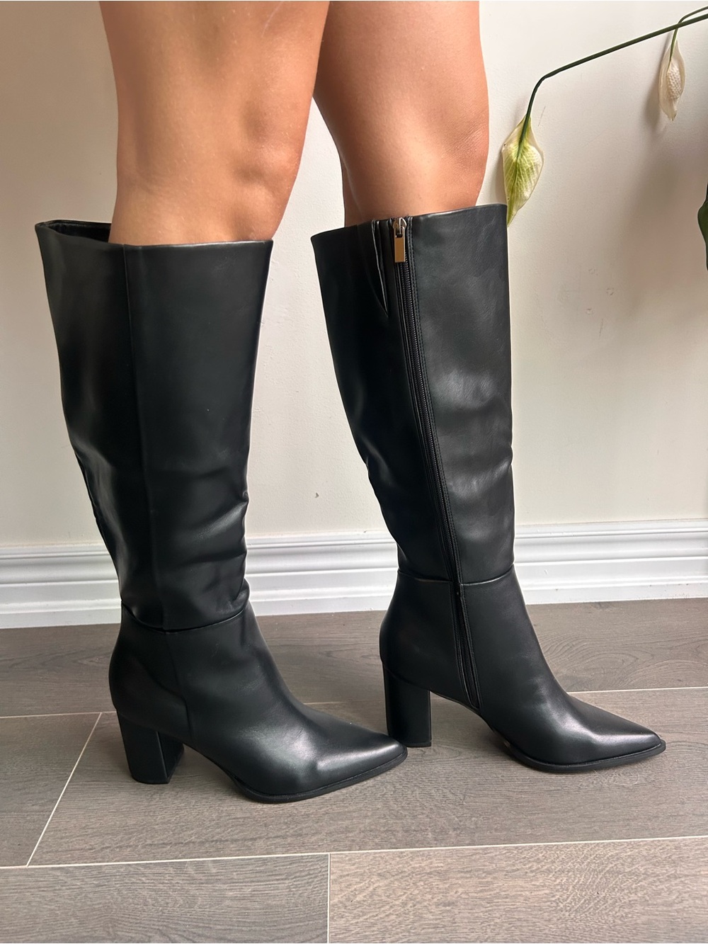 Black Faux Leather Knee High Pointed Toe Block Heel Boots Size 7 NWOT - Picture 5 of 16